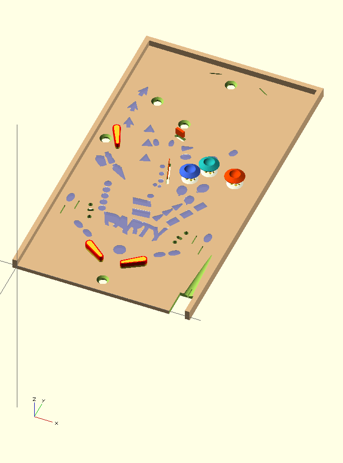 A preview of the playfield design implemented using the SolidPinball python library