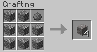 To craft 4 gravel, place 8 stone-type blocks with 1 gunpowder shapelessly