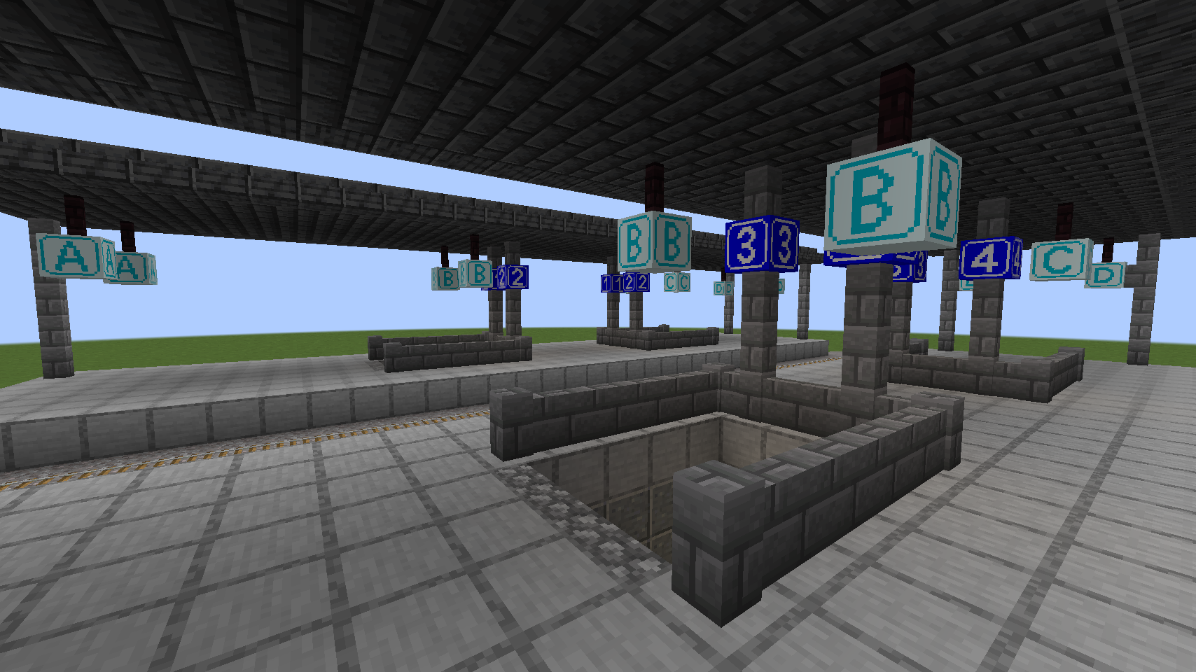 An in-game screenshot of two train station platforms, showcasing the zone blocks and the platform indicator blocks.