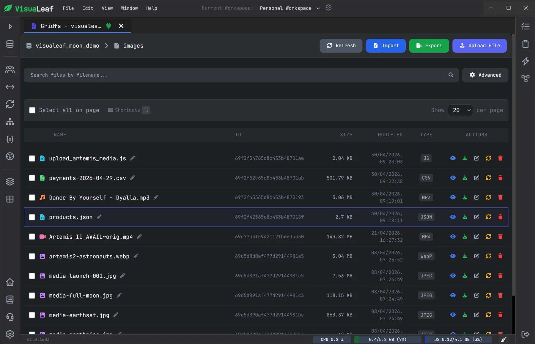 MongoDB GridFS viewer with file previews and drag-and-drop uploads