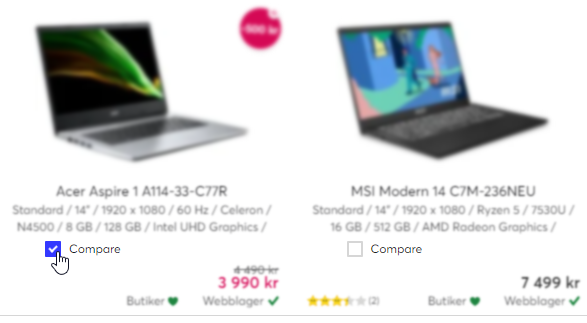 Two products with their respective checkboxes for comparison focused