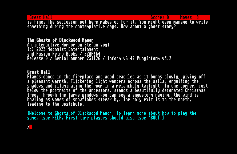 The Ghosts of Blackwood Manor is copyright (c) 2023 Stefan Vogt, Moonmist Entertainment. Screen taken from Atari ST version.