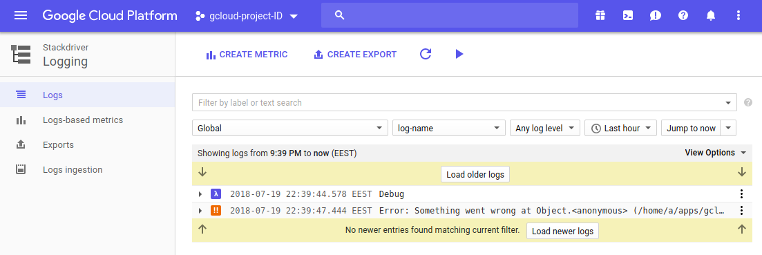 Stackdriver logs screenshot