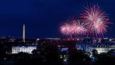 Fireworks explode during Independence Day celebrations on July 4, 2021, in Washington, DC (© White House Photo/Alamy)
