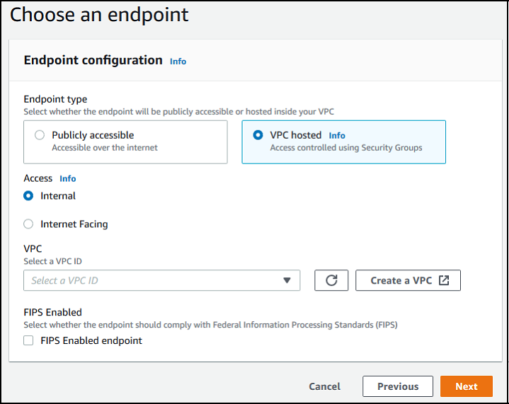 [Console screenshot showing the Choose an endpoint page with VPC hosted selected.]