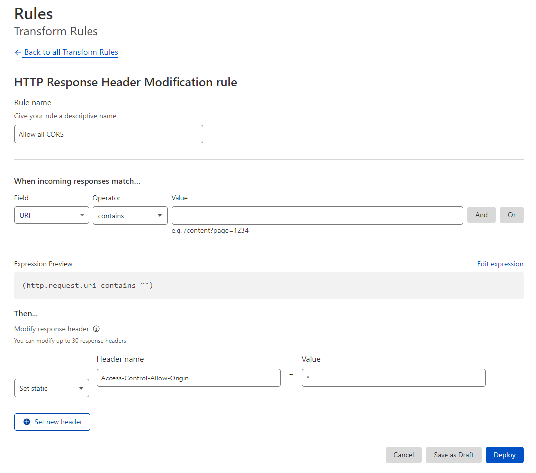 screenshot of a transform rule that allows all CORS