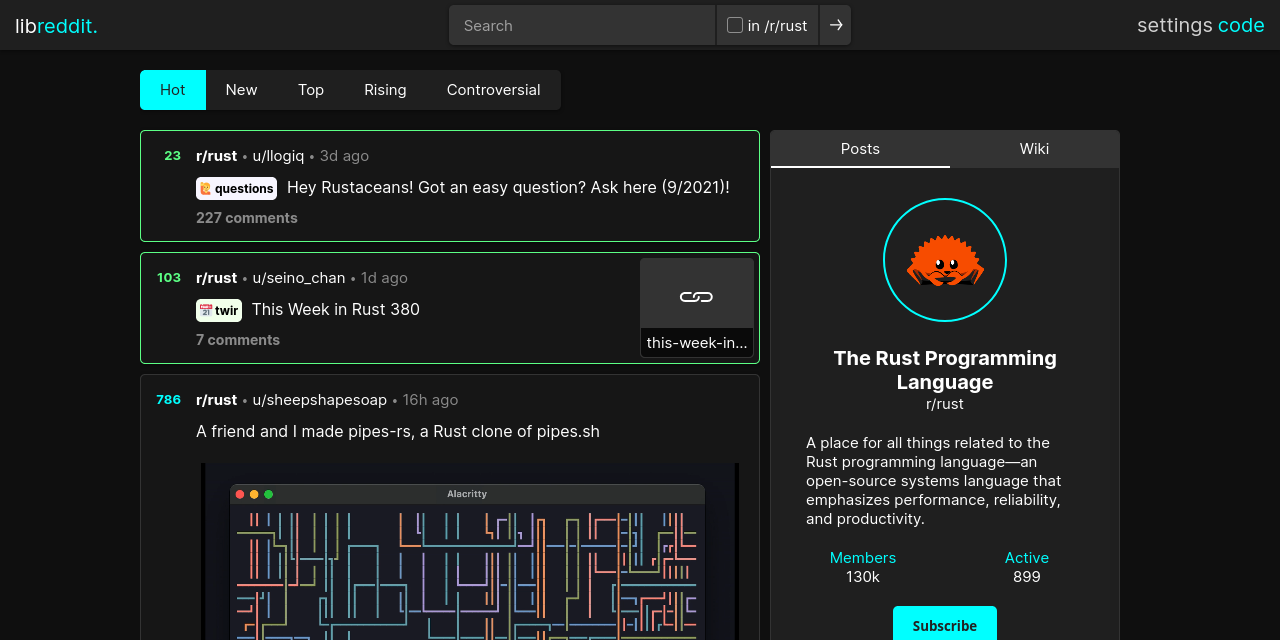 Picture shows screenshot of the Redlib Application in Browser