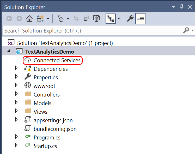 Screenshot of Connected Service in Solution Explorer