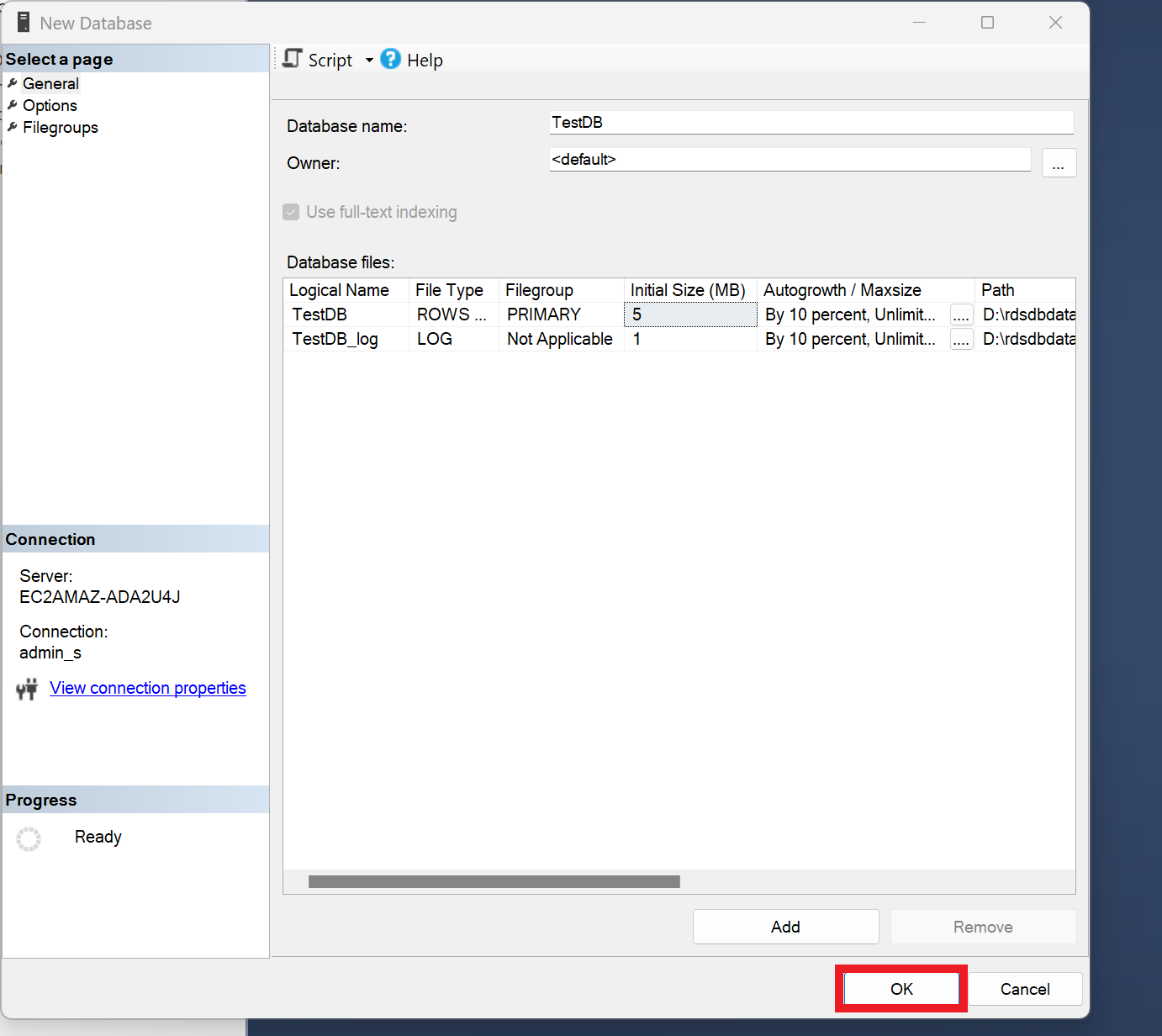 Naming the database and finalizing creation.