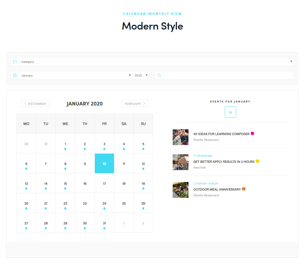 WordPress Event Calendar - Monthly view