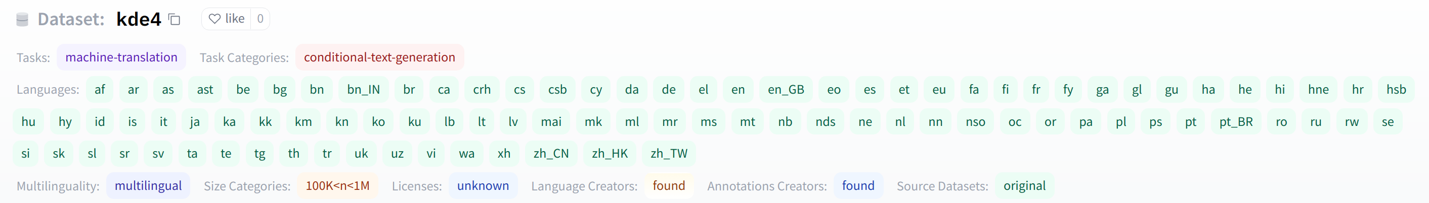 Language available for the KDE4 dataset.