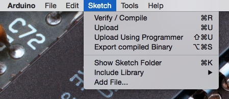 screenshot of the Sketch menu in Arduino IDE with Export compiled binary menu item highlighted in blue