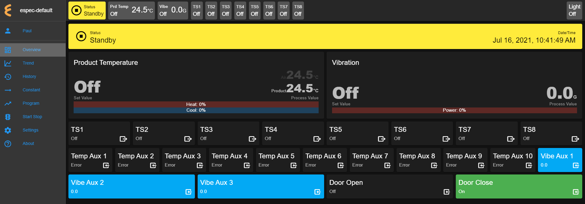 Overview page with chamber in Standby mode