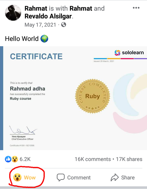 Contoh cara memberikan react ke postingan