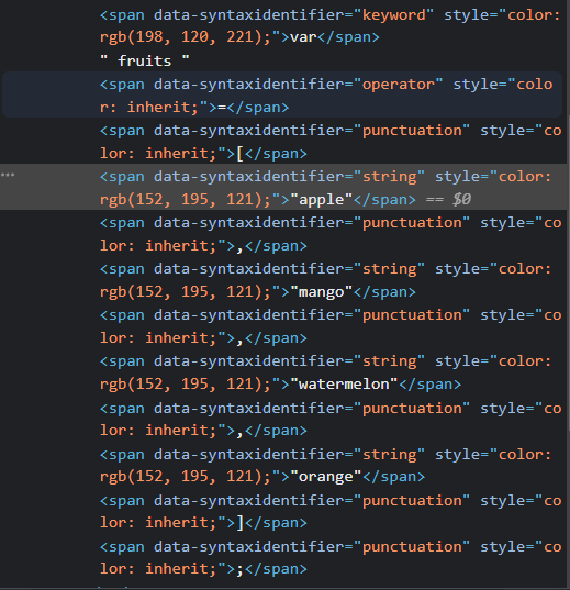 Syntax identifiers under the "data-syntaxidentifier" attribute, seen in Chrome DevTools