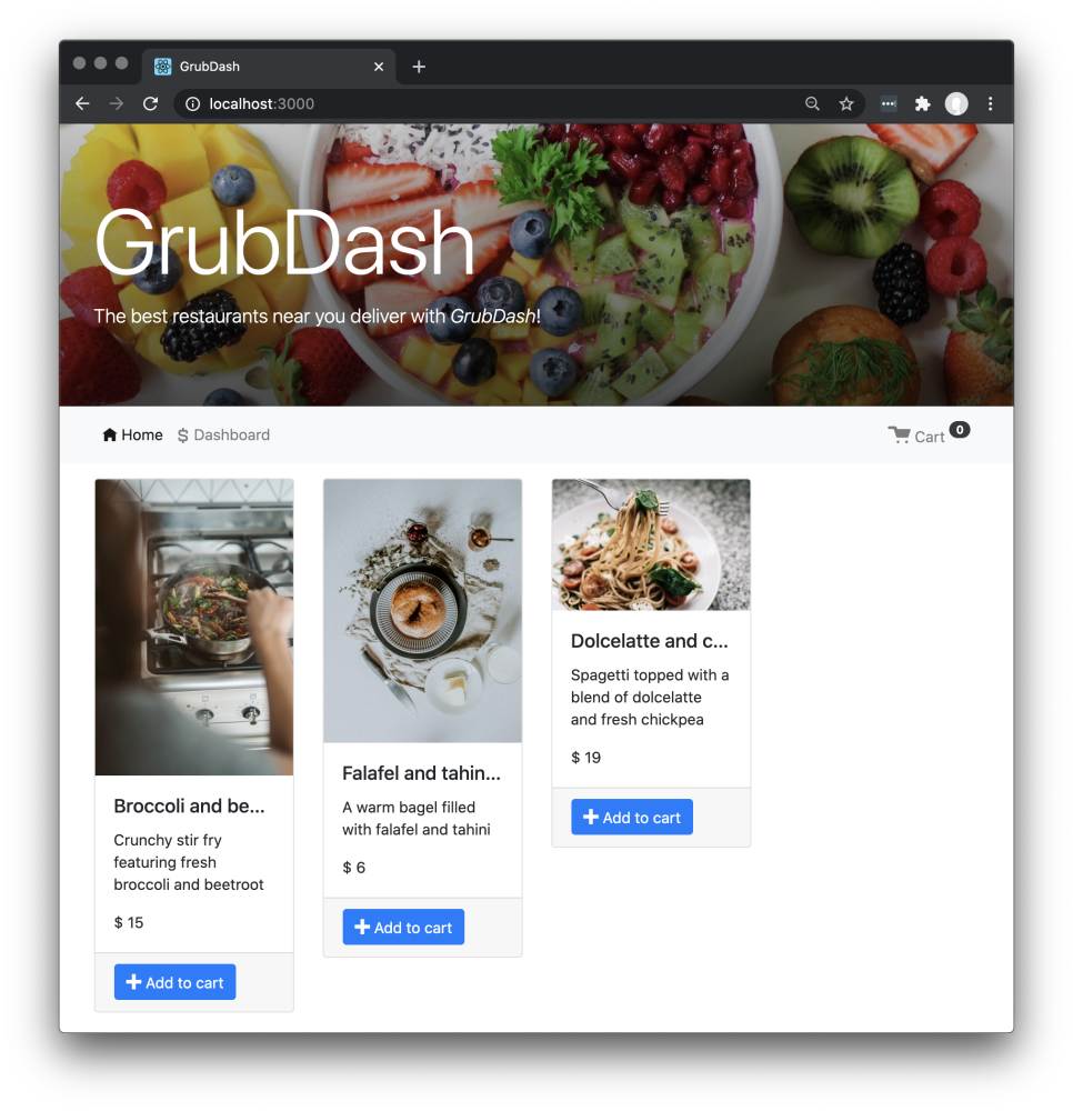 Home Screen of GrubDash Front End