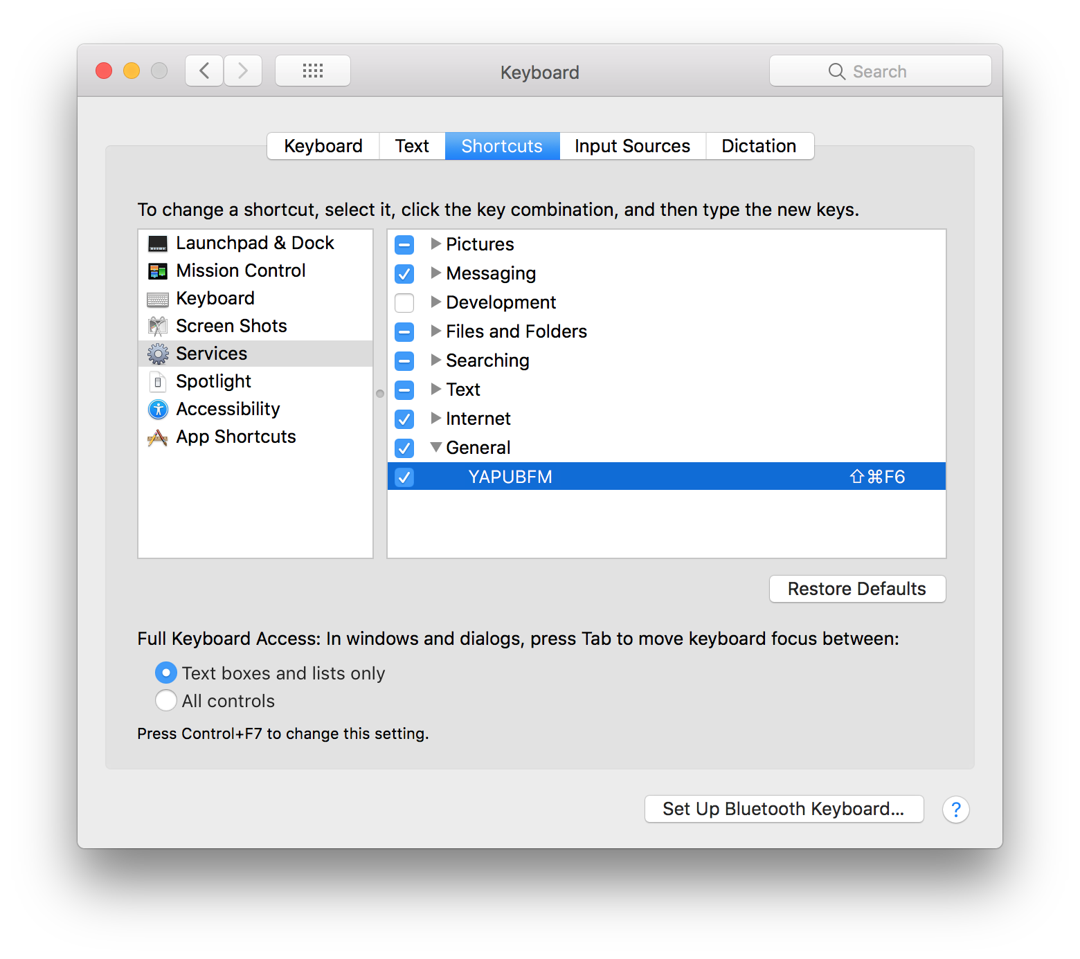 Setting a shortcut in System Preferences