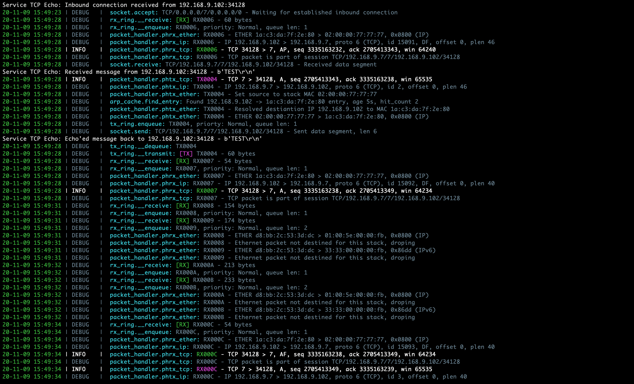 Sample PyTCP log output