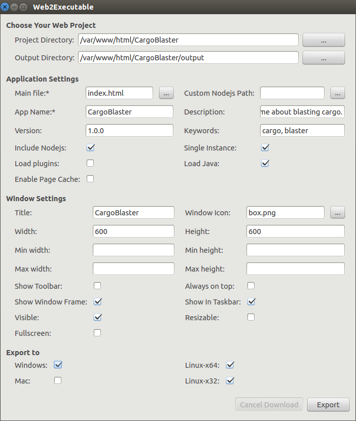 Web2Executable Main Interface