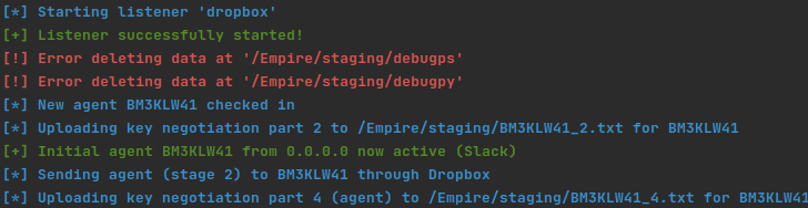 Empire server messages for staging a Dropbox payload