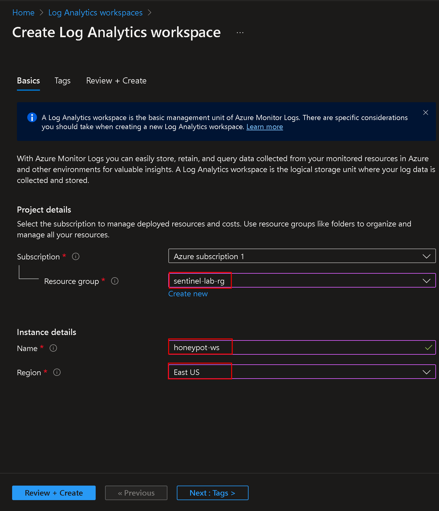 Enter Details for Log Analytics Workspace