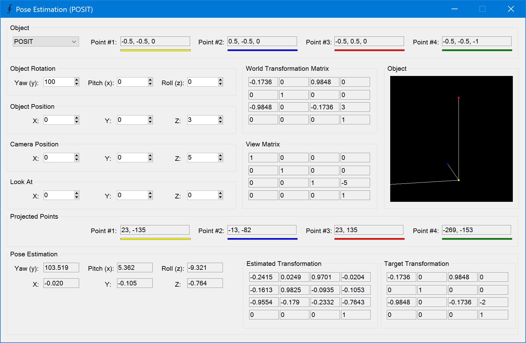 Pose coordinates estimation using POSIT