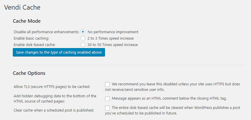 Settings for cache mode and options