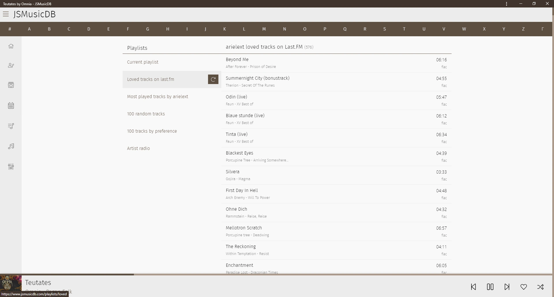 Screenshot of JSMusicDB playlist view