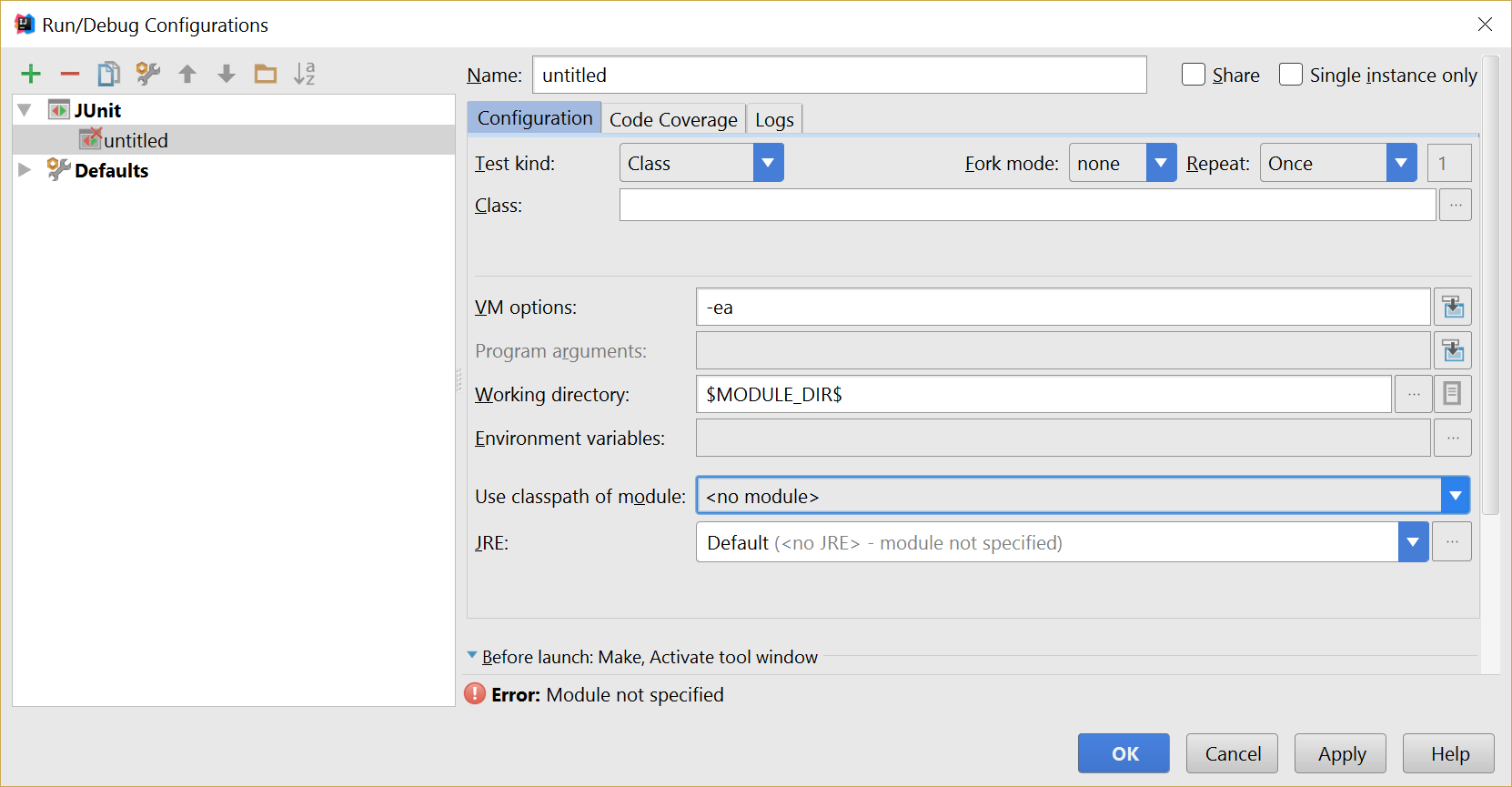 Add JUnit application window with no info entered