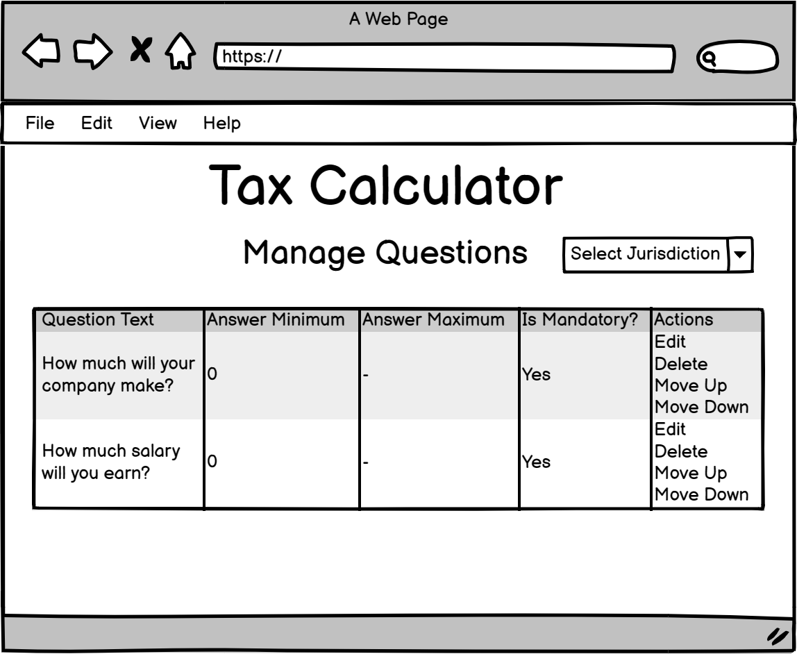 The admin questions list wireframe