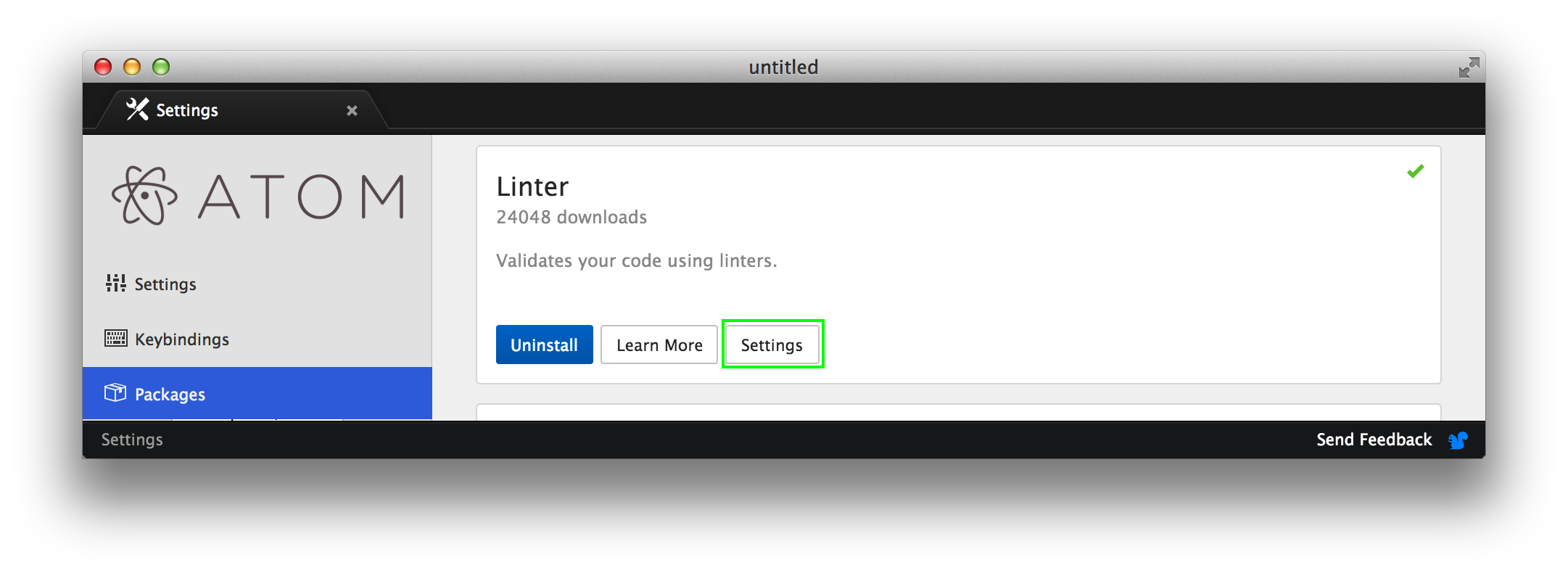 Atom Pref - click linter settings