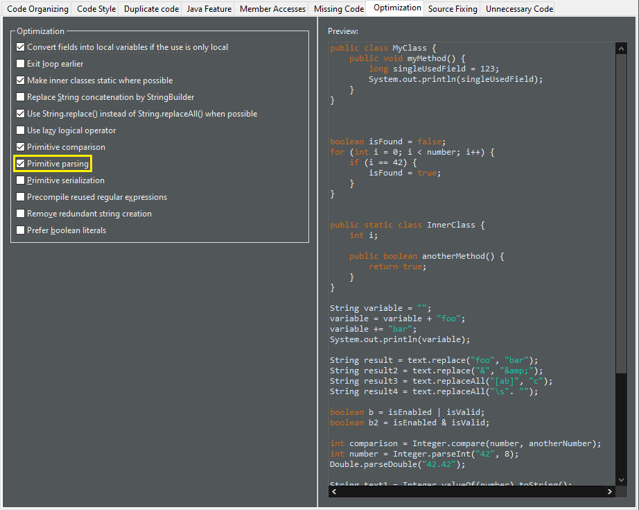 primitive parsing preferences