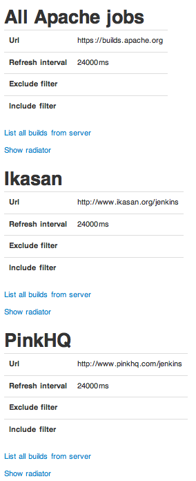 Index page shows configurations