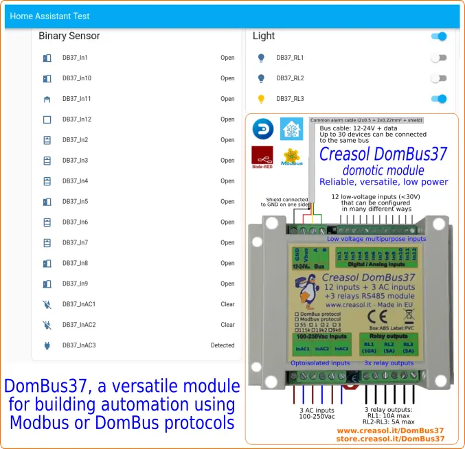 DomBus37 module with 12 inputs, 3 AC optoisolated inputs, 3 relay outputs