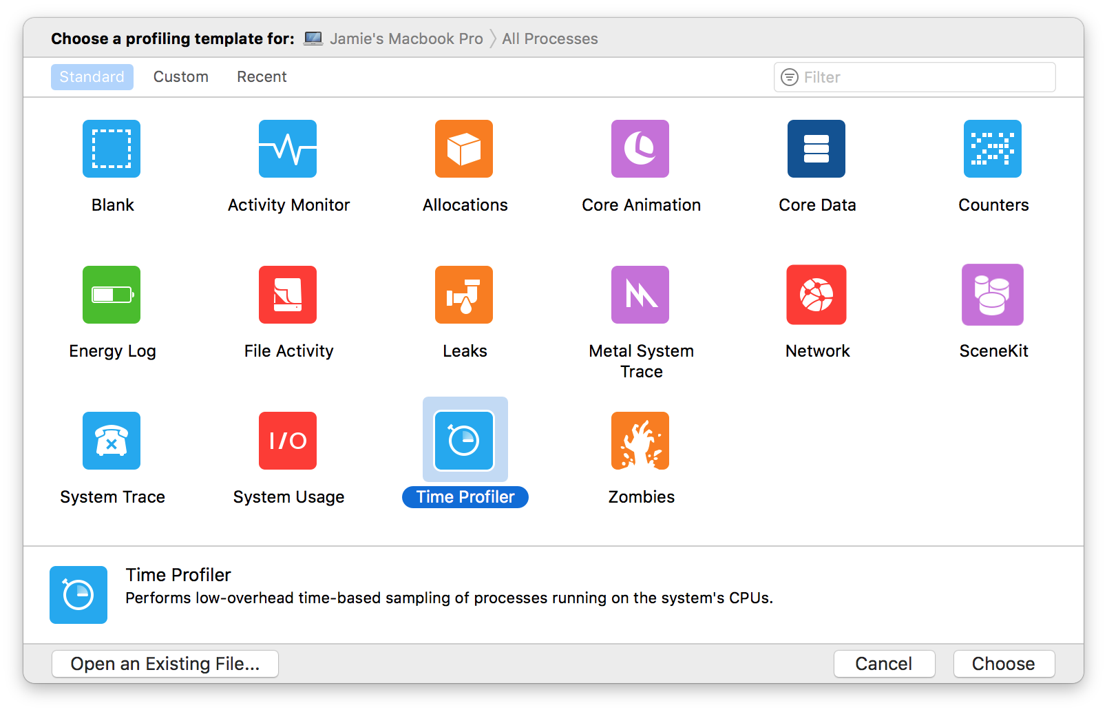 Instruments.app profiling template selection screen