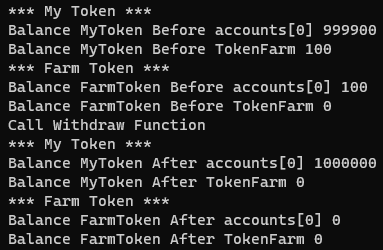 output of withdrawMyTokenFromTokenFarm.js