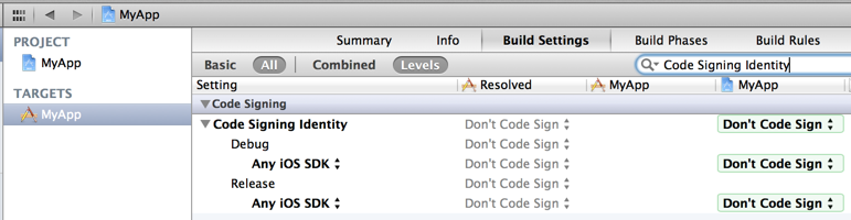 Build Settings: Code Signing Identity