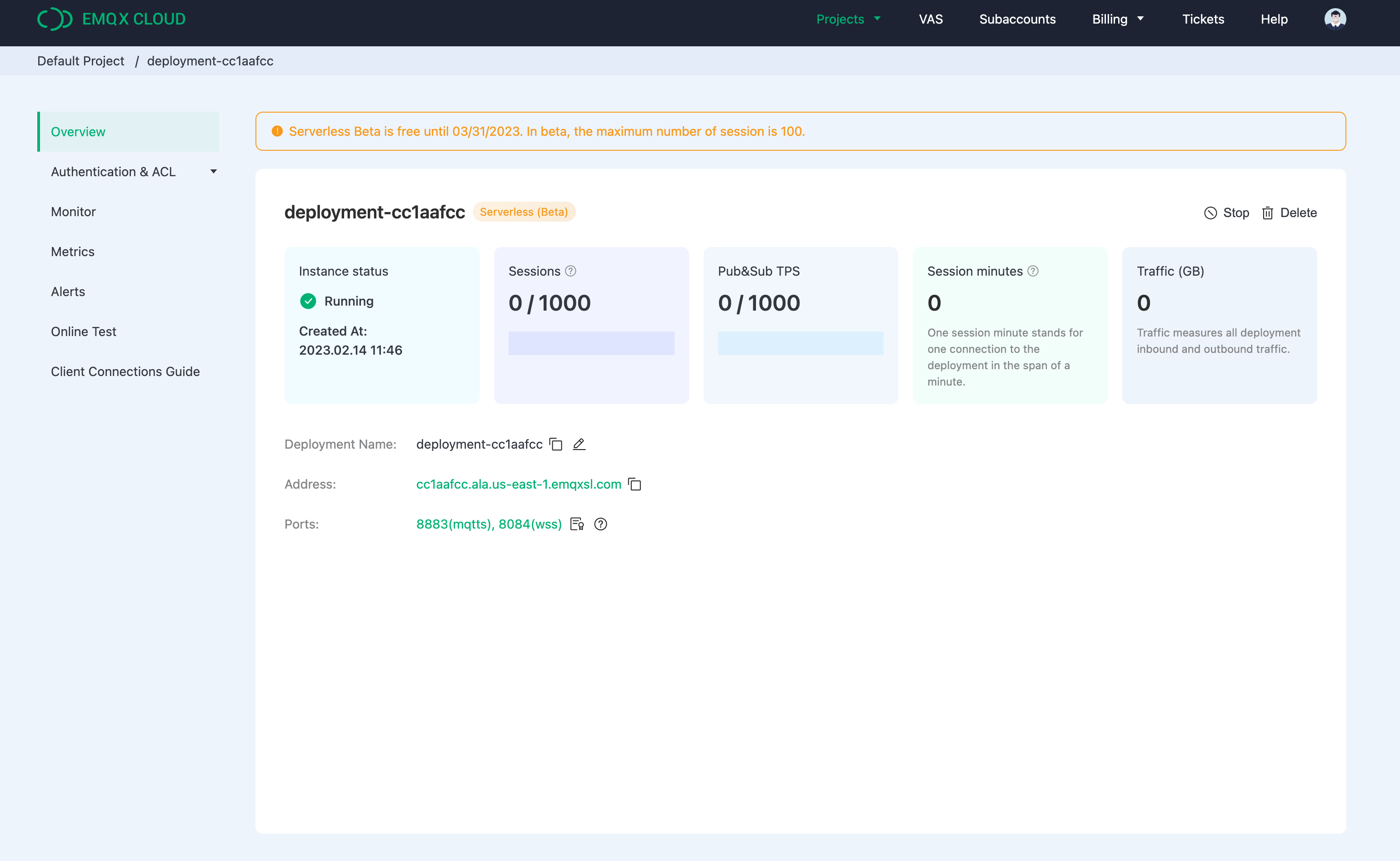 MQTT Serverless Deployment Overview Page