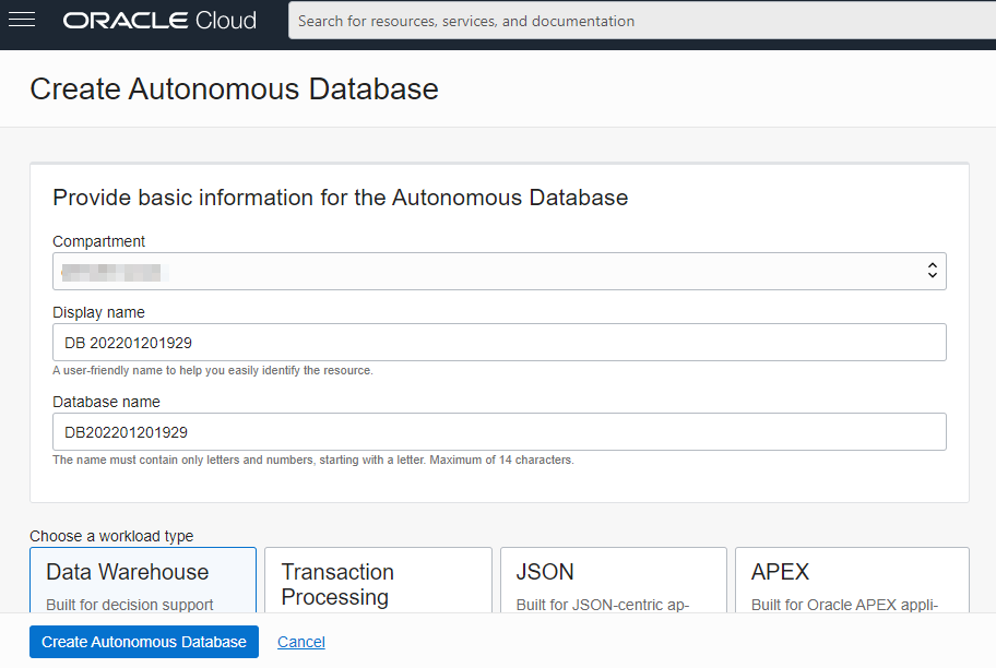 Alt text: Print da aba Create Autonomous Database do Oracle.