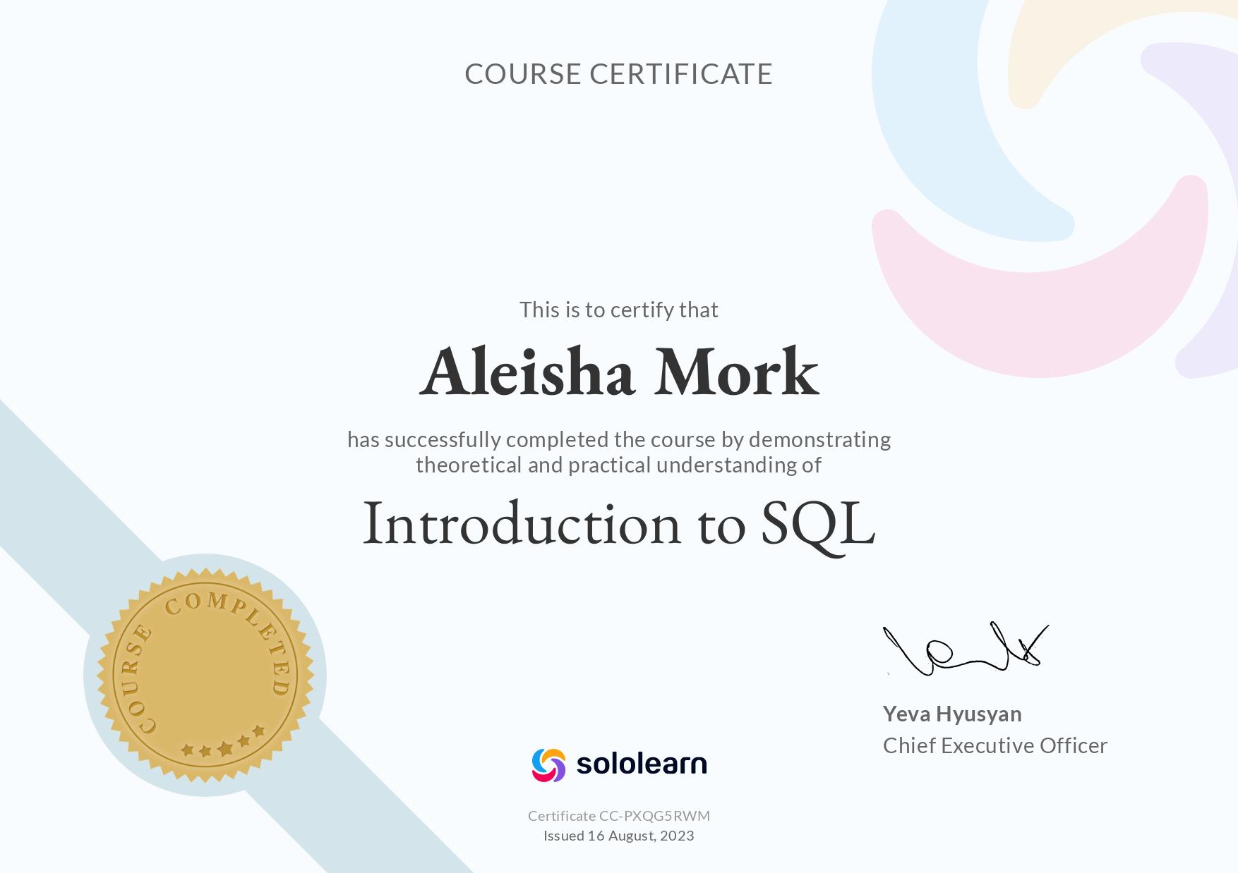 Intoduction to SQL Certificate