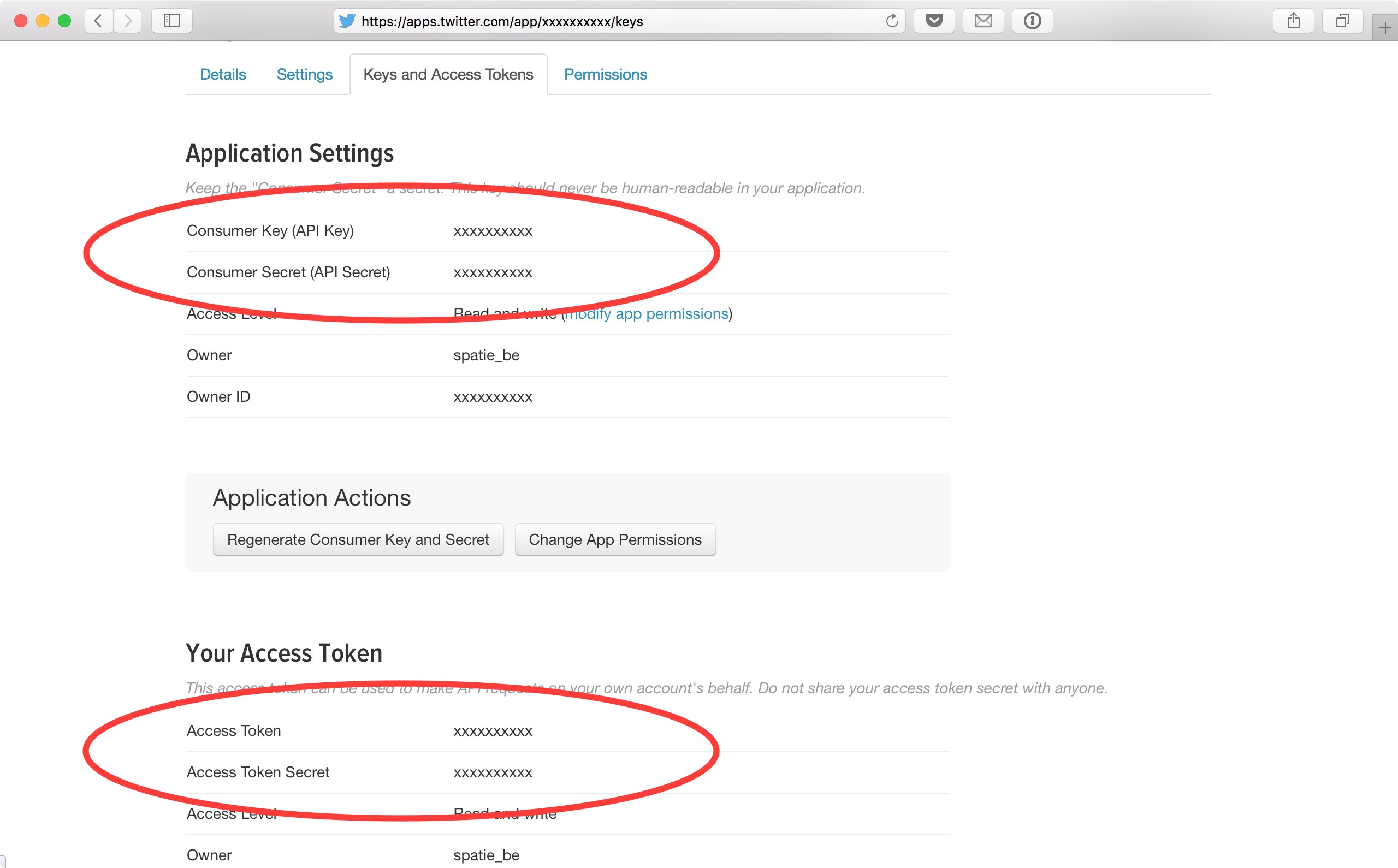 Keys and access tokens tab on Twitter