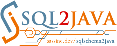 Logo SQL2JAVA  and website adress sassine.dev/sqlschema2java