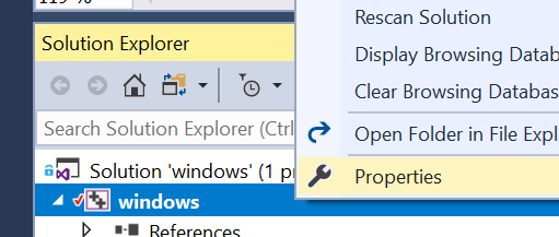 showing the right click menu to access project properties