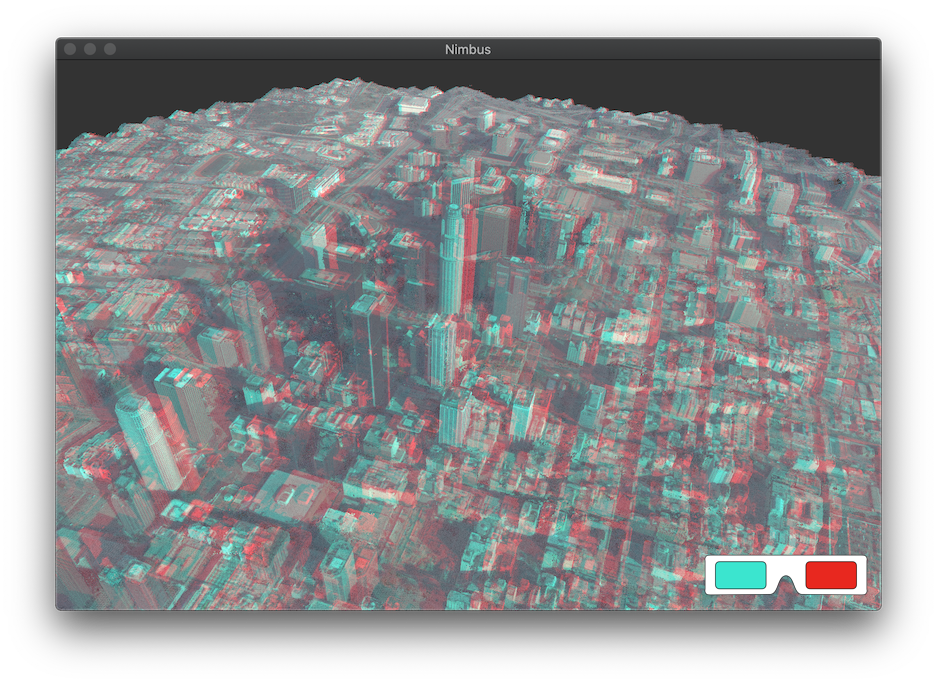 Screenshot of Nimbus showing Los Angeles, CA point cloud in anaglyph stereo