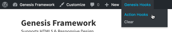 "Action Hooks" under "Genesis Hooks" admin bar menu item