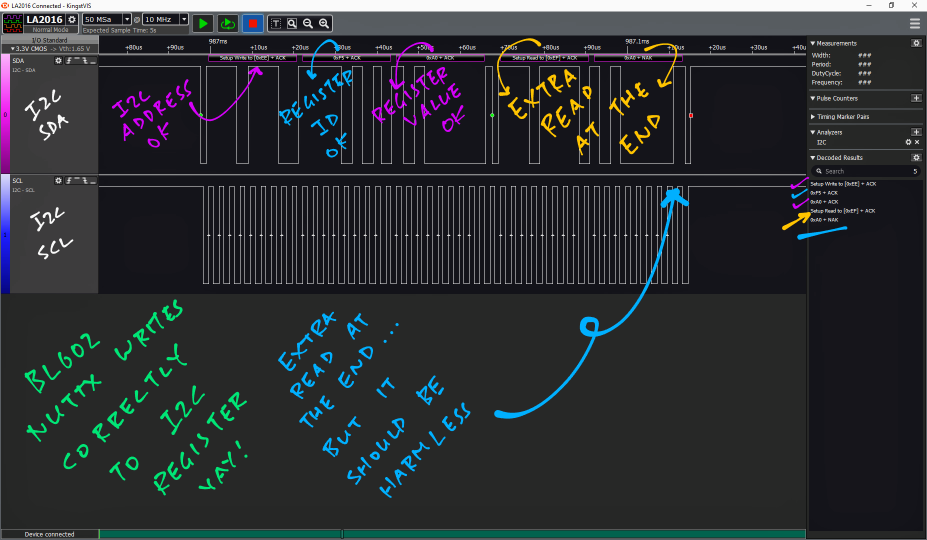 BL602 writes correctly to the I2C Register! With a harmless I2C Read at the end