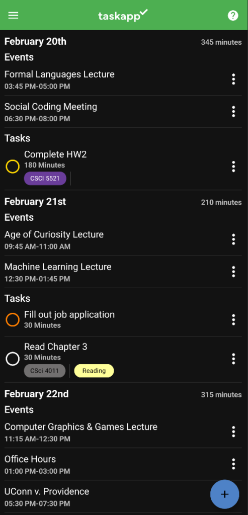 app's main screen showing daily schedule