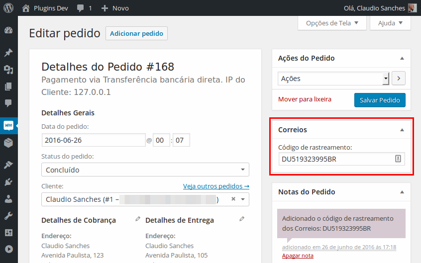 Campo para adicionar o código de rastreamento (tela de administração de pedidos).