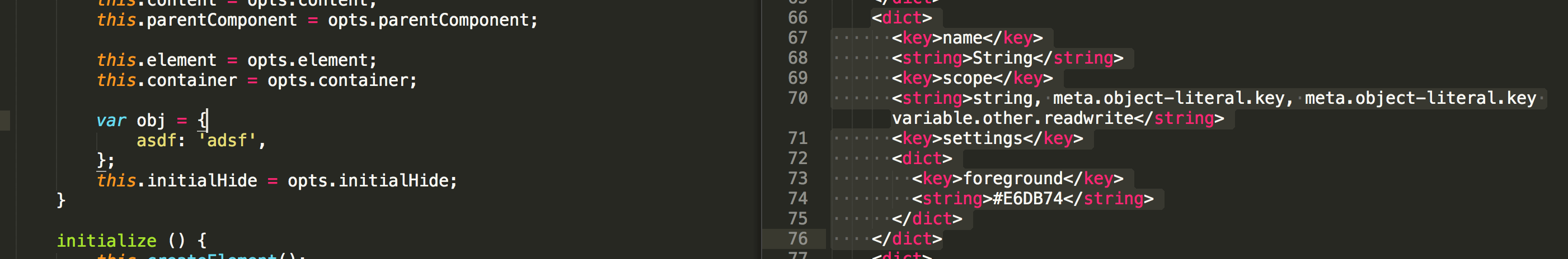 object literal string syntax highlighting