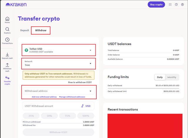 Withdrawal USDT from Kraken using the Tron Network 03